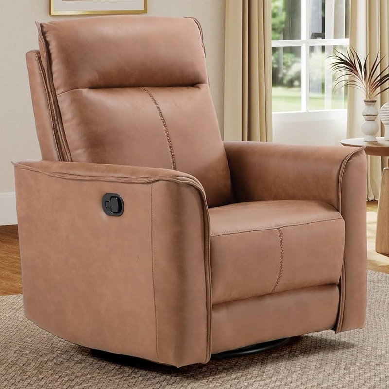Tan Recliner, Track Arms, Vertical Stitching, Swivel Base