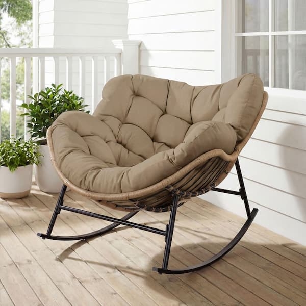 Tan Rocking Papasan Chair with Tufted Cushion and Woven Cradle Base