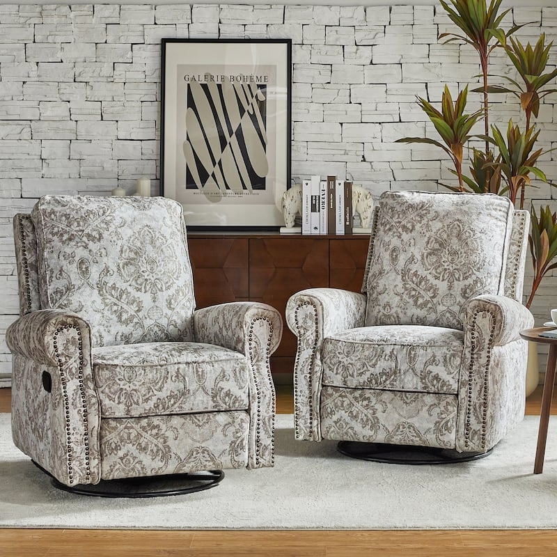 Taupe Floral Damask Swivel Glider Recliner with Nailhead Trim