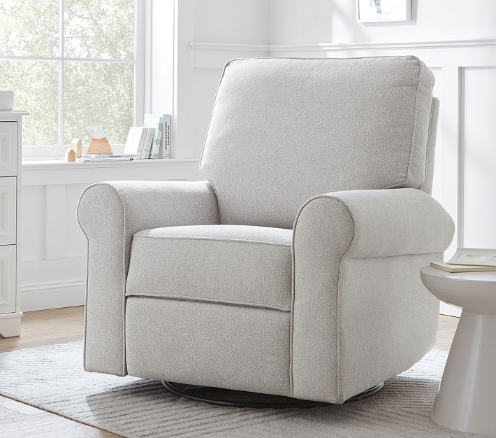 Taupe Gingham Power Swivel Recliner with Rolled Arms