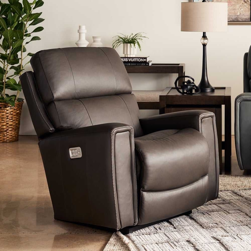 Taupe Power Recliner Chair with Contrast Stitching and Side Controls