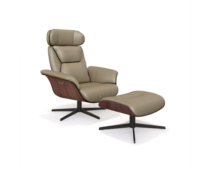 Taupe Recliner And Ottoman Walnut Wood Shell Four Star Swivel Base