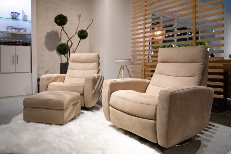 Taupe Swivel Recliner Chair and Ottoman: Horizontal Channel Stitching