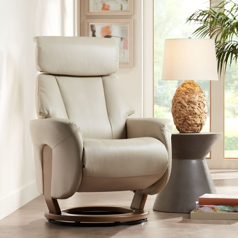 Taupe Swivel Recliner with Segmented Headrest and Circular Wood Base.