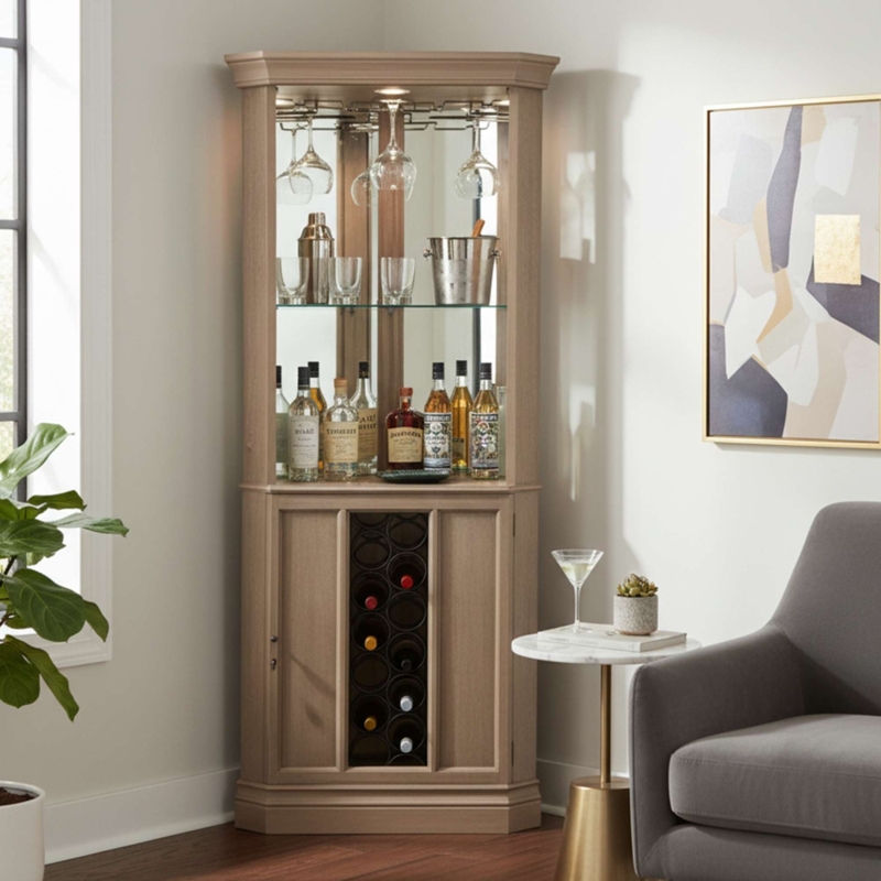 Taupe Wood Corner Wine Cabinet with Mirrored Back and Vertical Wine Rack