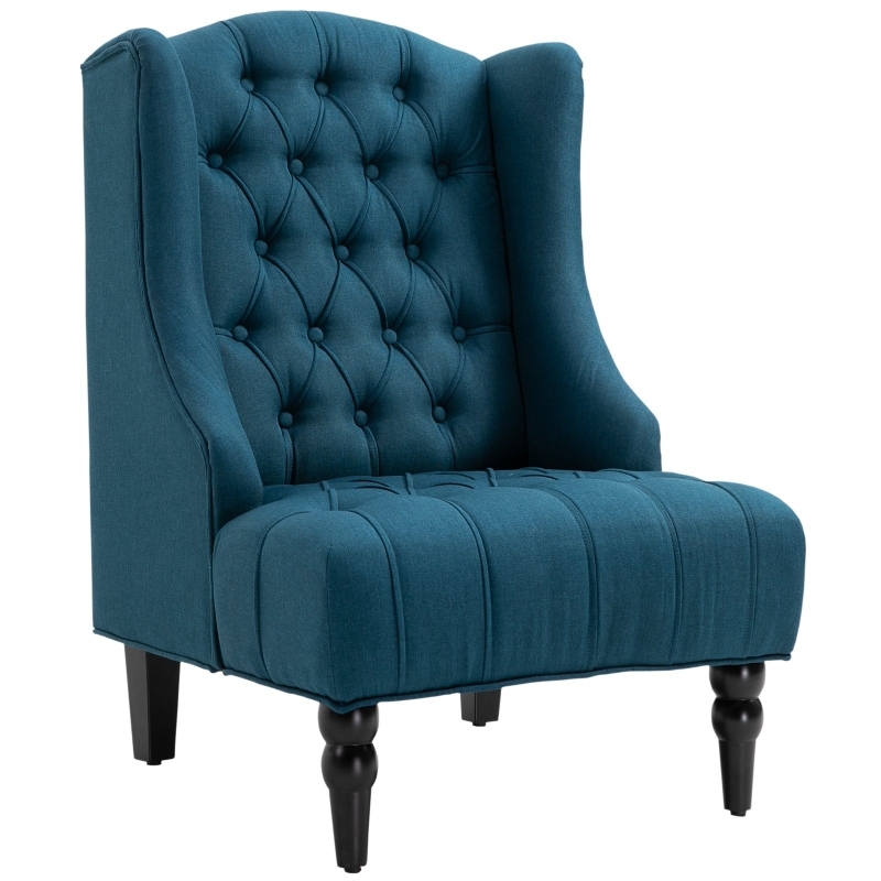 Teal Linen Wingback Chair with Button Tufting & Turned Legs