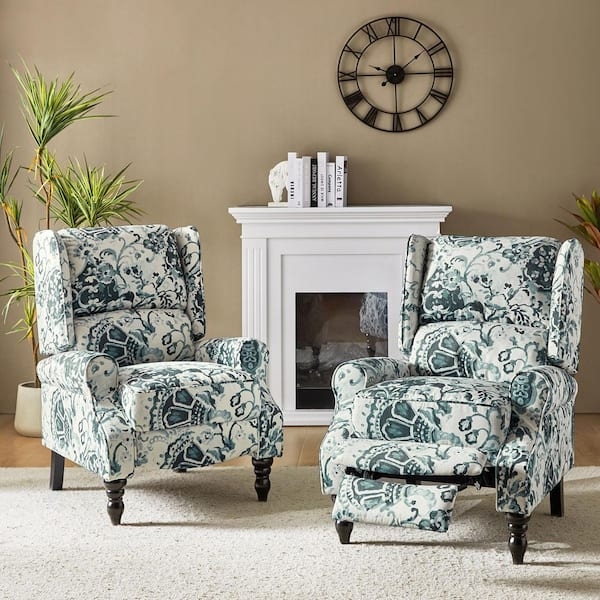Teal Patterned Accent Chair Wingback Manual Recliner Set Floral