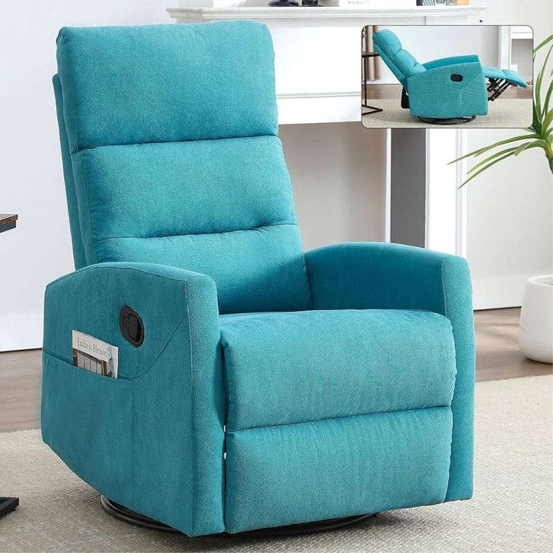 Teal Swivel Recliner Chair with Side Storage Pocket