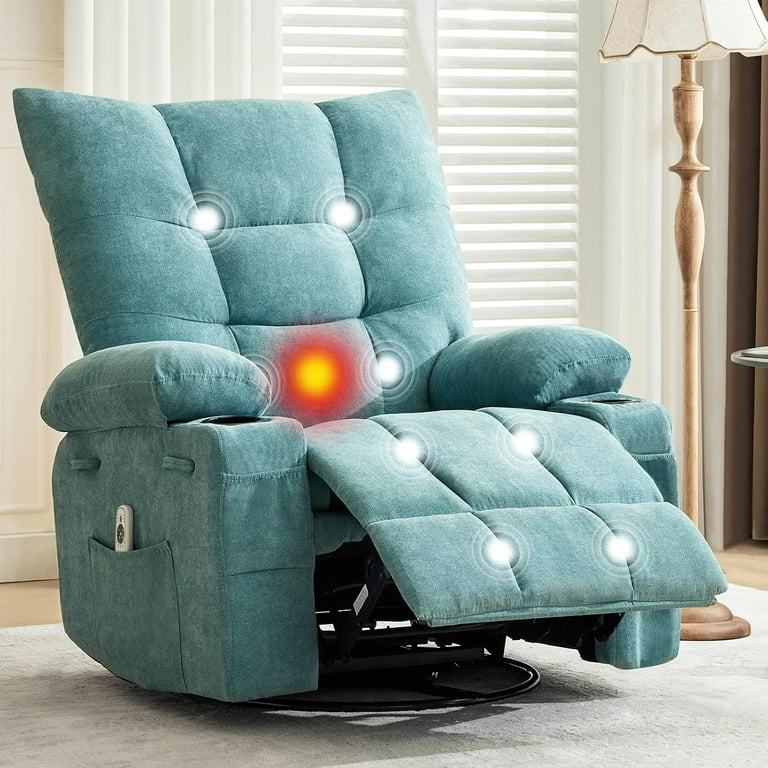 Teal Swivel Rocker Recliner: Textured Fabric with Massage and Heat.