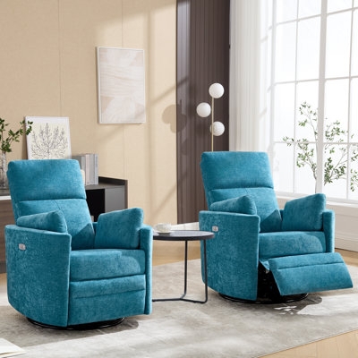 Teal Textured Fabric Power Swivel Recliner with Adjustable Headrest