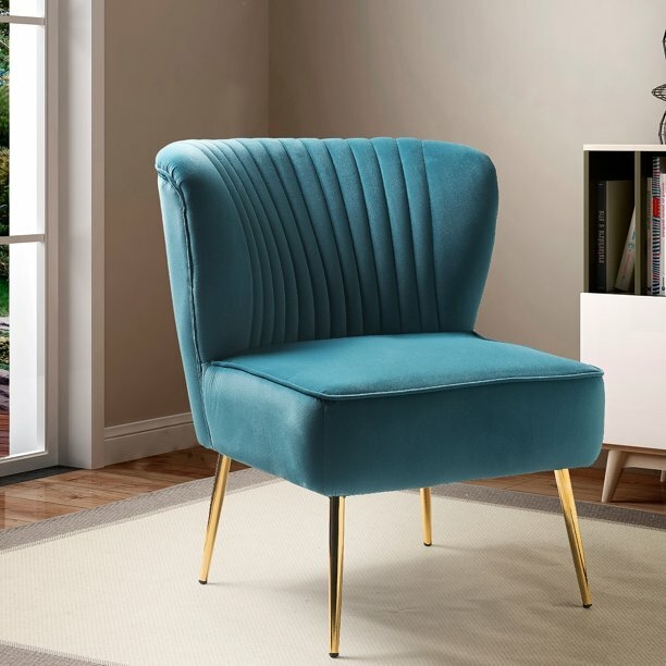 Teal Velvet Accent Chair Channeled Back Armless Tapered Metal Legs