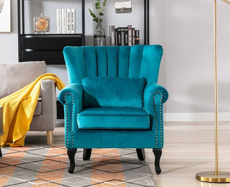 Teal Velvet Channel Tufted Wingback Chair with Nailhead Trim