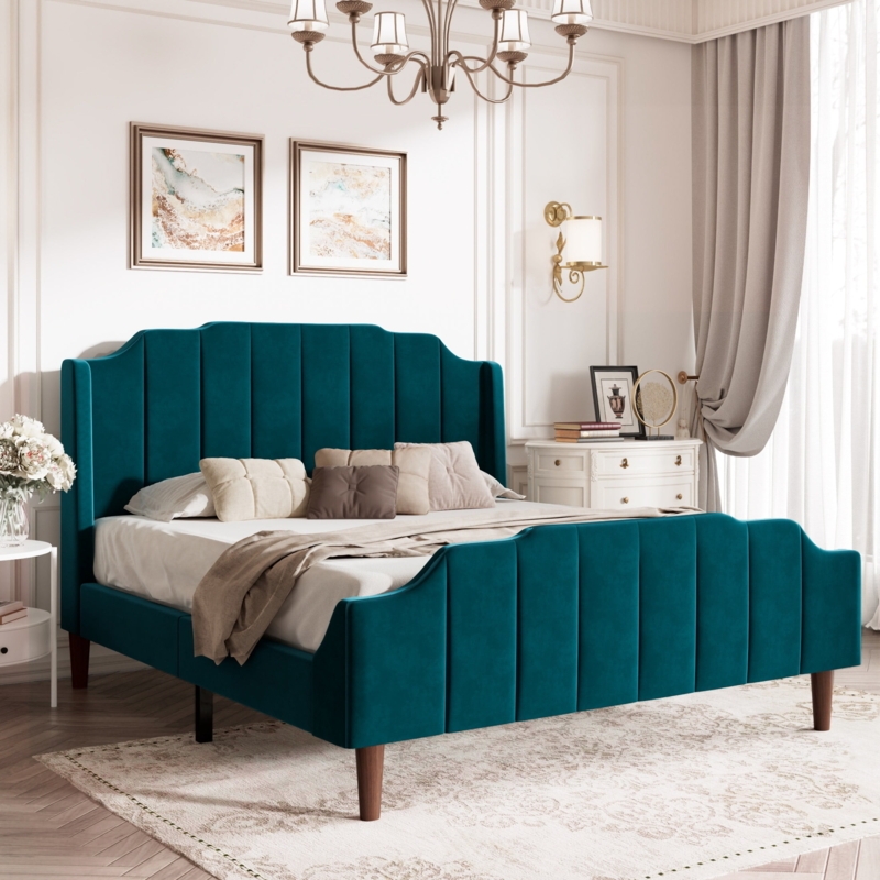 Teal Velvet Platform Bed with Curved Wingback and Vertical Channeling