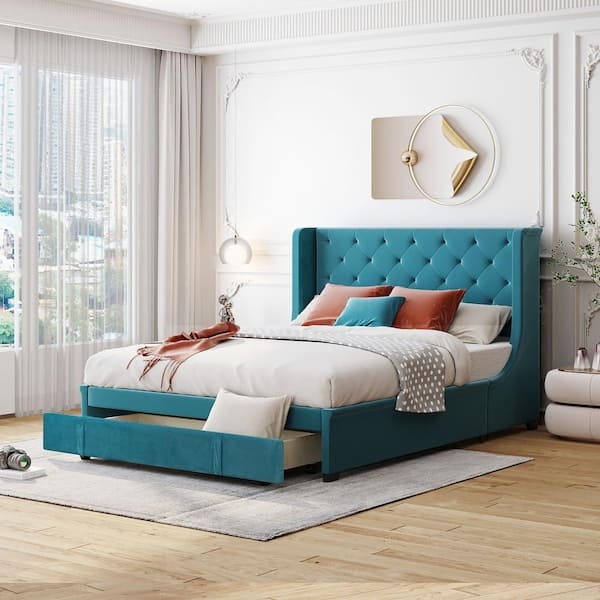 Teal Velvet Upholstered Storage Bed with Footboard Drawer