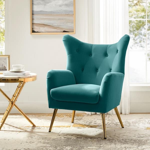Teal Velvet Wingback Chair with Flared Arms & Gold Legs