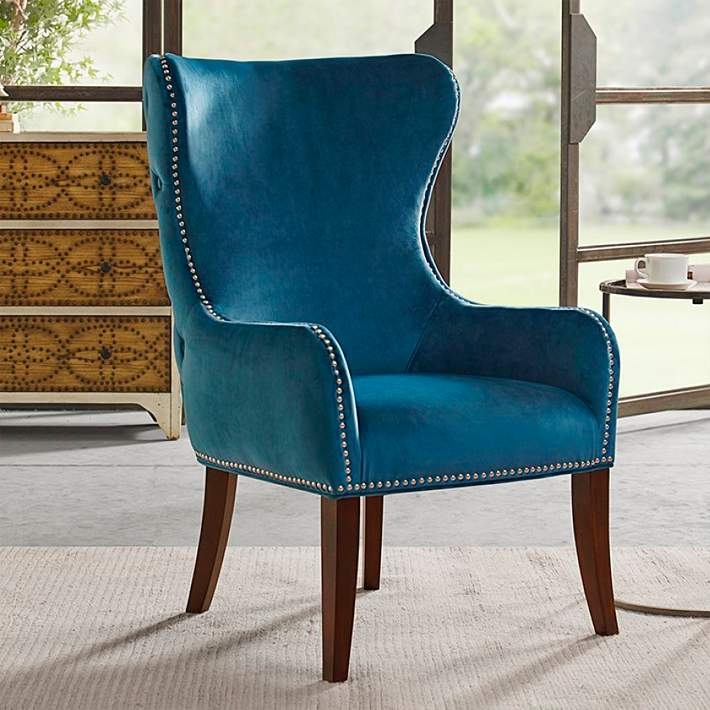 Teal Velvet Wingback Chair with Silver Nailhead Trim