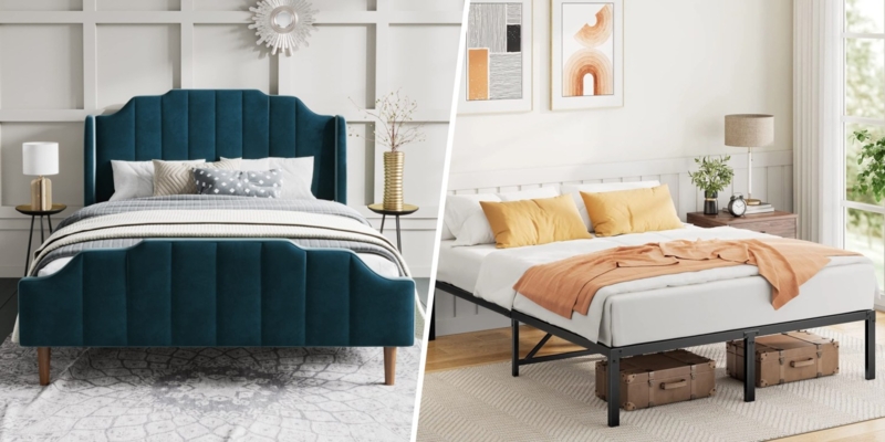 Teal Wingback Upholstered Bed vs Black Metal Platform Frame