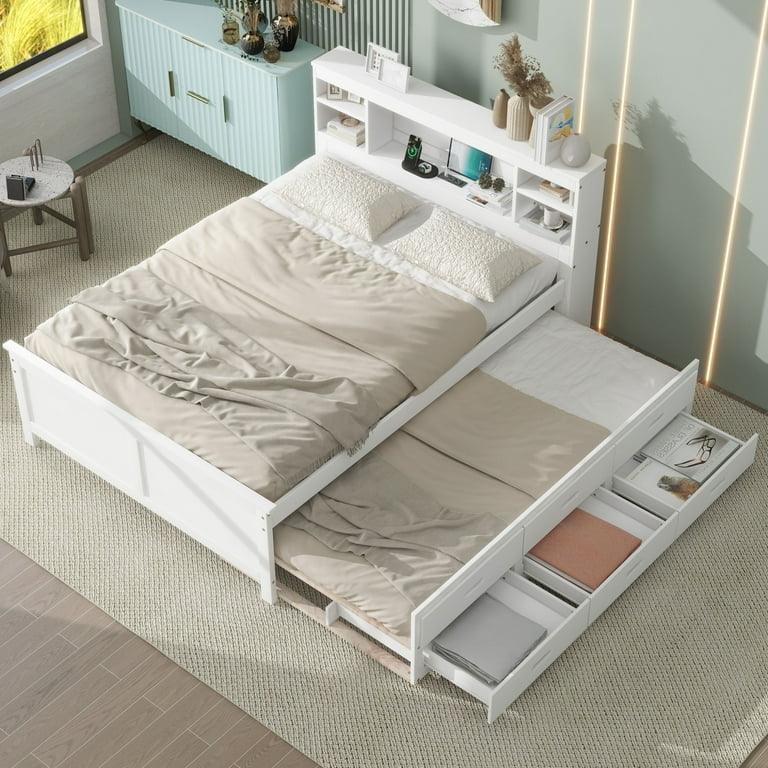 Tech-Ready White Bed with Charging Station and Three-Drawer Trundle