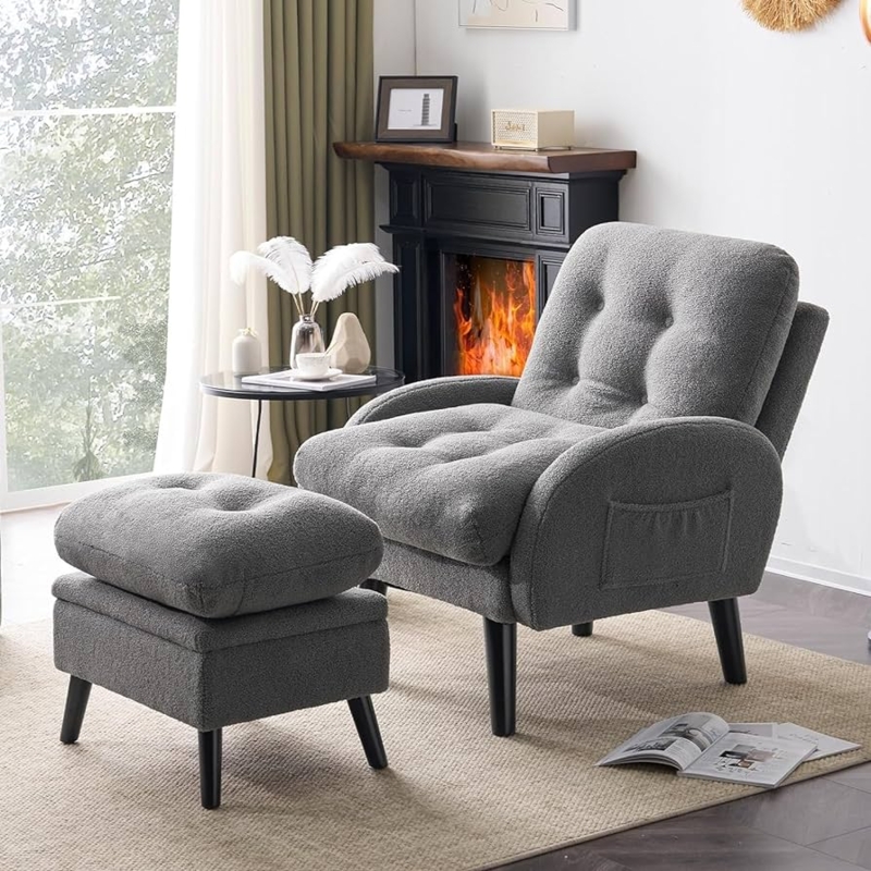 Teddy Fabric Accent Chair with Ottoman and Side Storage Pocket