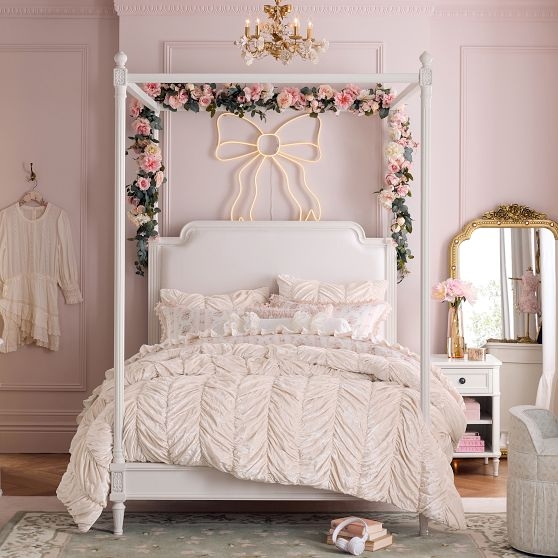 Teen Canopy Bed Frame styled with White Ruched Bedding Set