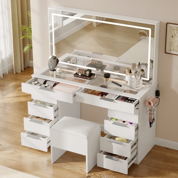 Ten-Drawer Makeup Vanity with LED Mirror & Glass Top Insert