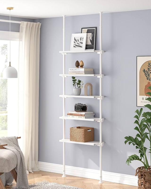 Tension Mount Bookshelf White Drill Free Adjustable Ladder Shelf