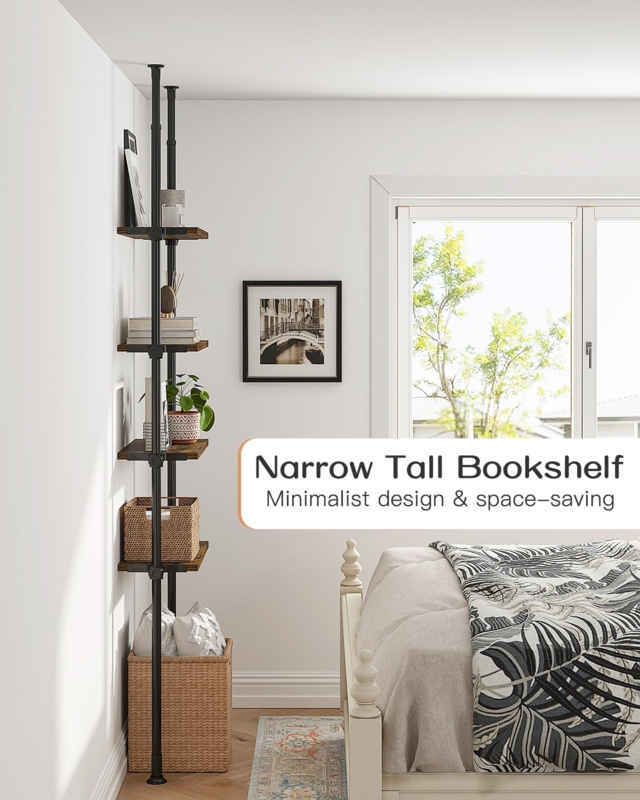 Tension Pole Bookshelf Ultra Narrow Adjustable Height Minimalist
