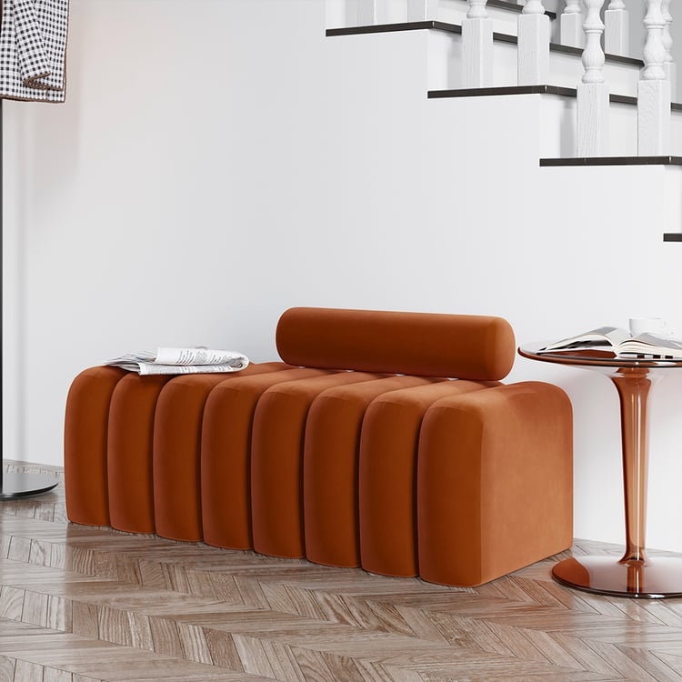 Terracotta Channeled Upholstered Bench with Bolster Back