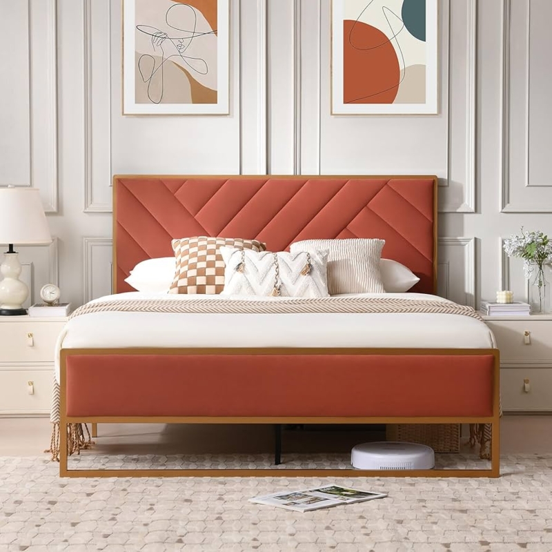 Terracotta Velvet Bed with Diagonal Channeling and Gold Metal Frame