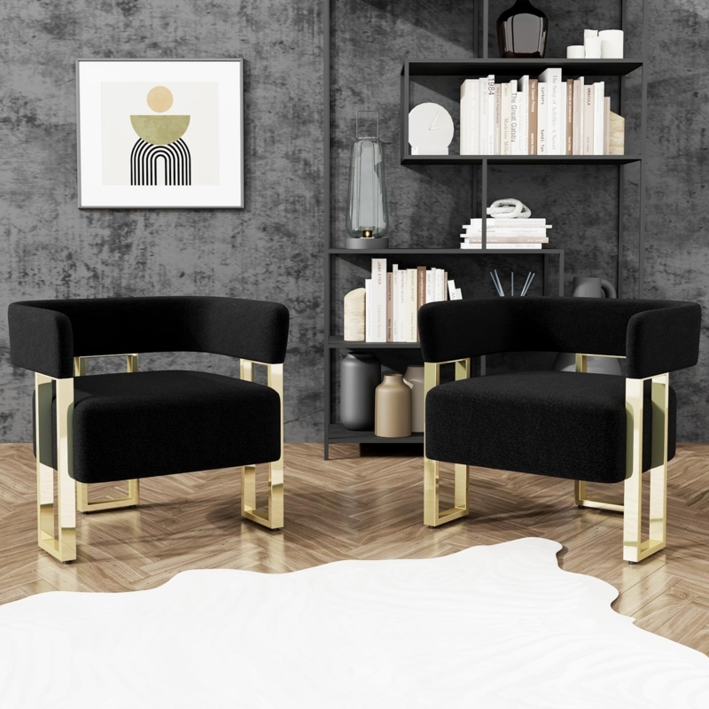 Textured Boucle Accent Chairs on Open Geometric Polished Gold Base
