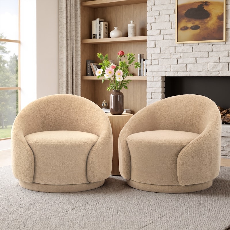 Textured Boucle Swivel Accent Chairs in Beige with Barrel Silhouette