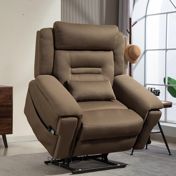 Textured Lift Recliner Brown Honeycomb Fabric Dual Motor Lumbar Pillow