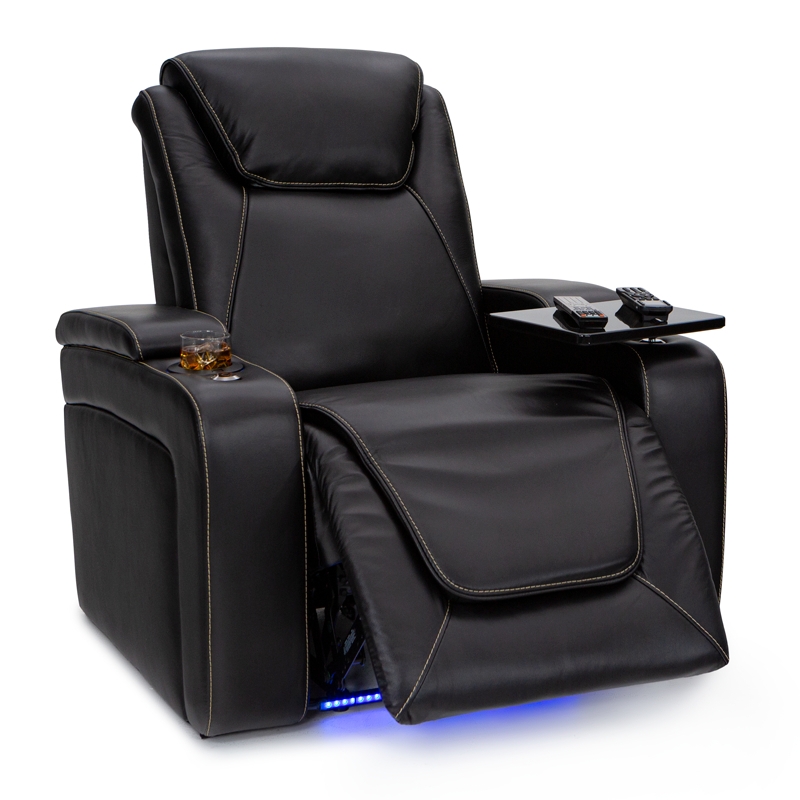 Theater Recliner Black Leather Like LED Base Lighting Tray Table