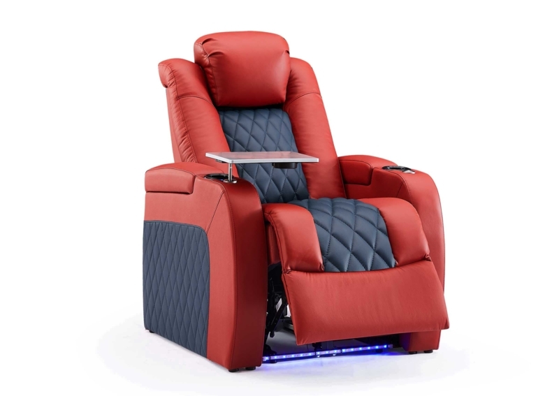 Theater Recliner Red Navy Blue Two Tone Integrated Tray Table LED