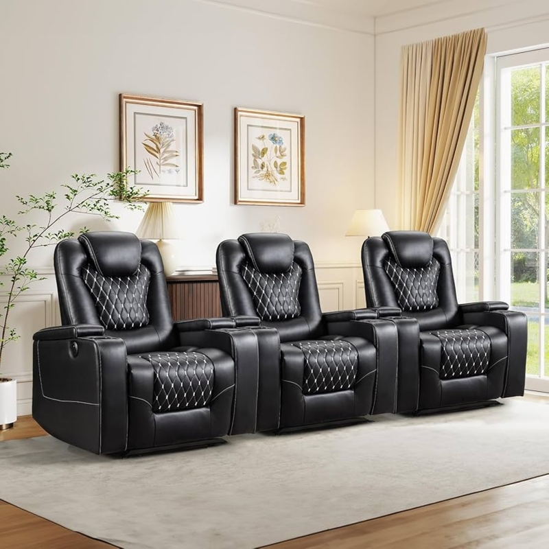 Theater Seating Diamond Quilting Cup Holders Power Recliner Set