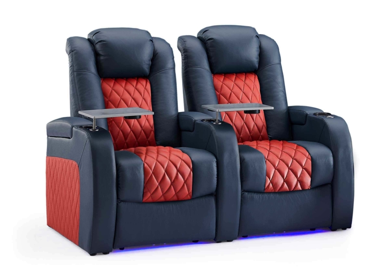 Theater Seating Navy Red Diamond Quilting LED Lighting Tray Tables