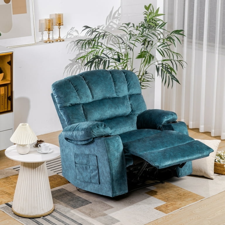 Theater Style Recliner in Teal Velvet with Integrated Cup Holders