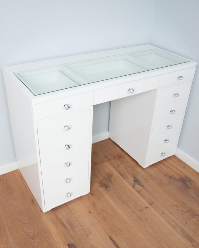 Thirteen Drawer Vanity Desk with Glass Top Insert and Crystal Knobs