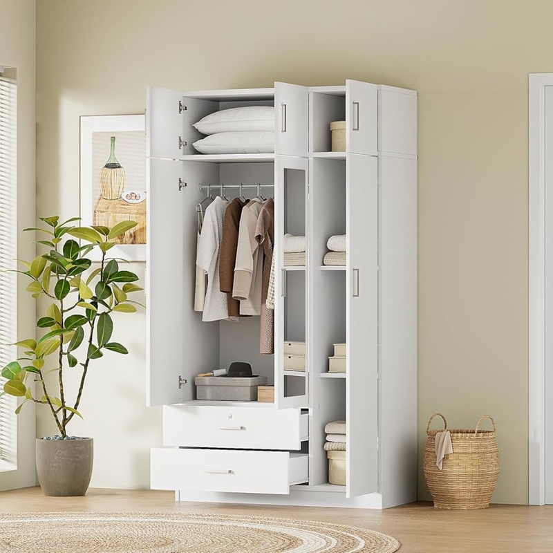 Three Door Wardrobe Closet with Mirror and Bottom Drawers