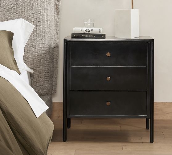 Three Drawer Nightstand, Matte Metal Finish, Slim Legs, Storage Chest