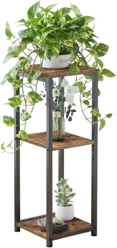 Three-Tier Plant Stand Rustic Wood Square Shelves Metal