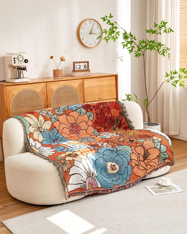 Throw Blanket Bold Floral Motif Fringed Border Vibrant Orange Boho (70)
