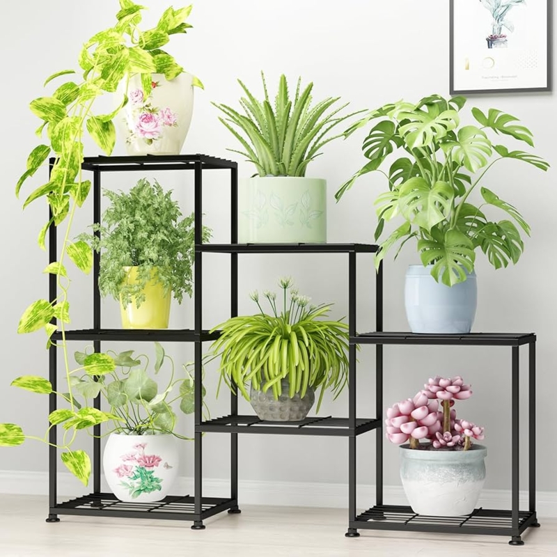 Tiered Plant Stand Seven-Shelf Staggered Black Metal Vertical Display