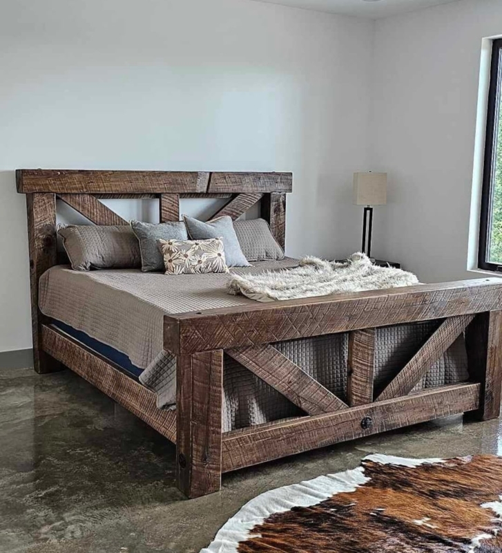 Timber Frame Bed Rustic X-Brace Distressed Wood