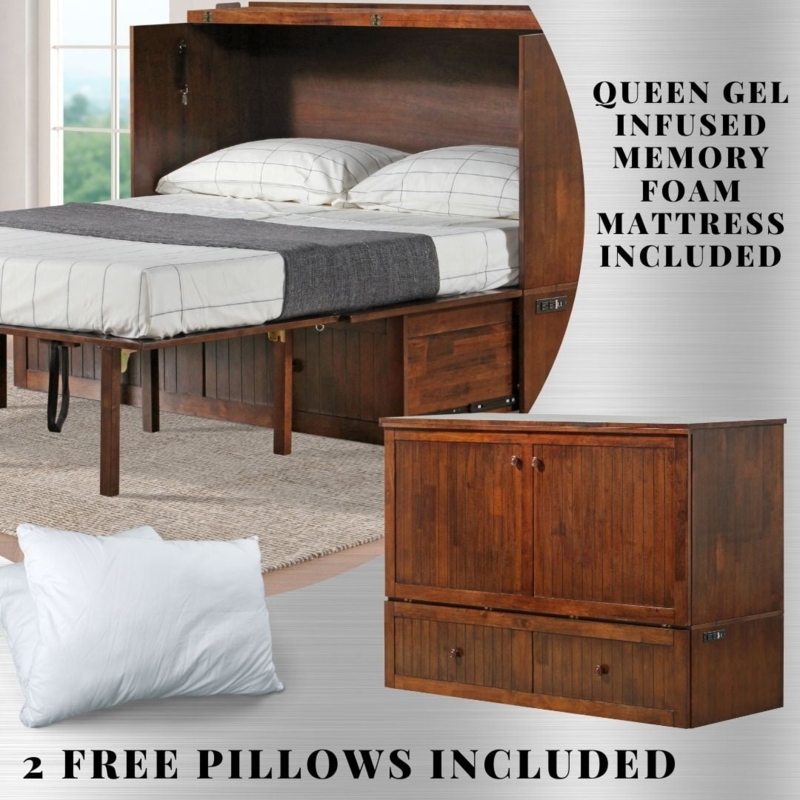 Tobacco Wood Murphy Cabinet Bed with Built-In Power Station