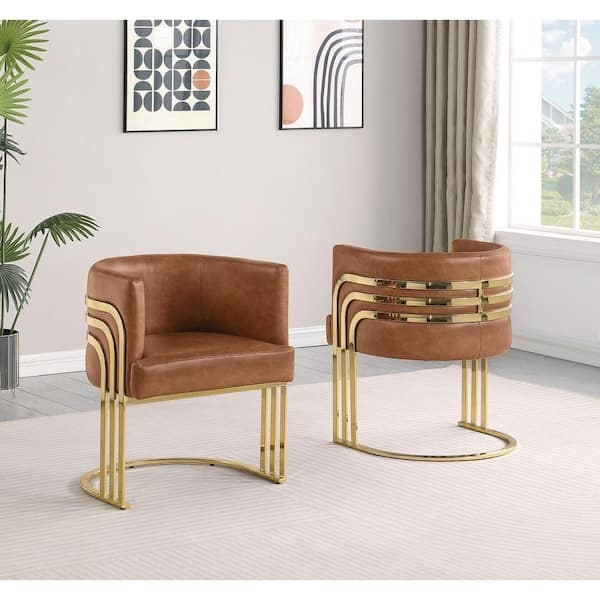 Toffee Leather-Like Barrel Chair featuring a Layered Gold Back