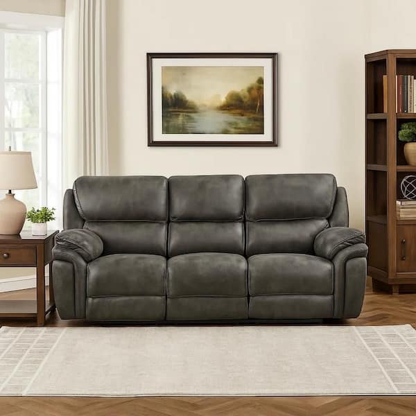 Tony 90" Double Manual Recliner Sofa, Gray Microfiber, Solid Wood
