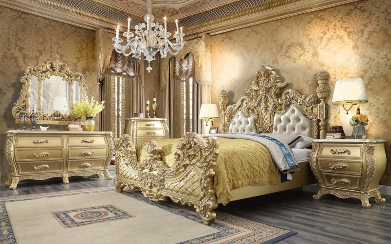 Traditional Bed Antique Gold Metallic Ornate Scrolled Carvings Tufted