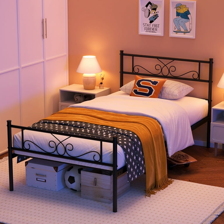 Traditional Bed Frame with Ornate Black Metal Scrollwork Design