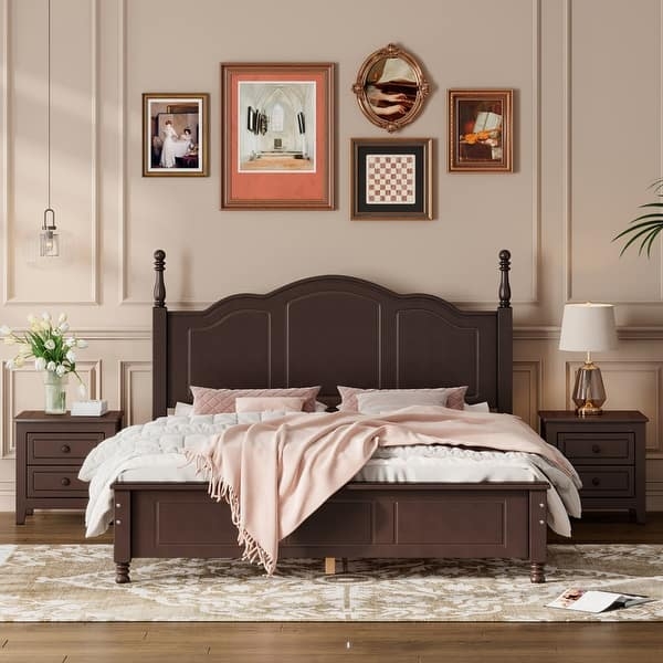 Traditional Bedroom Set Dark Walnut Finish Arched Headboard Ball Finials